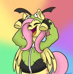 Size: 1834x1848 | Tagged: safe, artist:bella-pink-savage, imported from derpibooru, fluttershy, pegasus, pony, antonymph, bipedal, clothes, costume, eyes closed, female, fluttgirshy, gir, hoodie, invader zim, majestic as fuck, open mouth