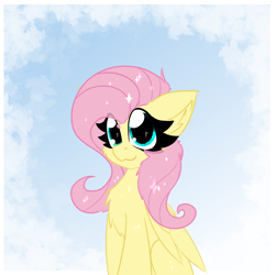 Size: 2362x2362 | Tagged: safe, artist:jubyskylines, imported from derpibooru, fluttershy, pegasus, pony, abstract background, cheek fluff, chest fluff, ear fluff, eyelashes, female, folded wings, high res, looking at you, mare, missing cutie mark, sitting, smiling, solo, sparkles, three quarter view, wings