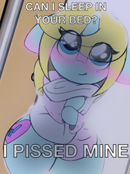 Size: 1536x2048 | Tagged: safe, artist:lefthighkick, imported from derpibooru, oc, oc:lyrical touch, unicorn, implied bedwetting, meme, pillow, wide hips