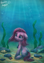 Size: 1504x2144 | Tagged: safe, artist:mondensor day, artist:noashank, artist:randomteehee, imported from derpibooru, pinkie pie, earth pony, pony, collaboration, female, jewelry, necklace, pinkamena diane pie, seashell, solo, underwater