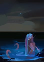 Size: 1527x2160 | Tagged: safe, artist:yanisfucker, imported from derpibooru, oc, oc only, pony, siren, female, looking at you, night, ocean, sketch, solo, water