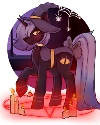 Size: 1080x1350 | Tagged: safe, artist:saltytangerine, imported from derpibooru, oc, oc only, pony, unicorn, candle, commission, female, hat, partial background, pentagram, simple background, solo, spider web, transparent background, witch, witch hat, ych result