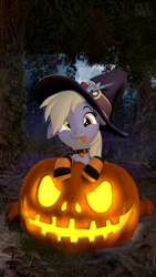 Size: 2160x3840 | Tagged: safe, artist:owlpirate, imported from derpibooru, derpy hooves, pegasus, pony, clothes, cute, derpabetes, floppy ears, forest, halloween, high res, holiday, jack-o-lantern, pumpkin, smiling, socks, solo, tongue out, witch costume