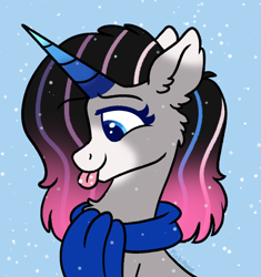 Size: 800x850 | Tagged: safe, artist:pink-pone, imported from derpibooru, oc, oc only, pony, unicorn, :p, bust, clothes, colored horn, female, horn, mare, portrait, scarf, snow, snowfall, solo, tongue out, unicorn oc