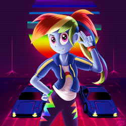 Size: 1500x1500 | Tagged: safe, artist:jphyperx, imported from derpibooru, rainbow dash, human, equestria girls, car, female, futuristic, ponytail, retrowave, solo, sun, synthwave