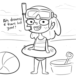 Size: 3300x3300 | Tagged: safe, artist:tjpones, imported from derpibooru, apple bloom, human, barefoot, beach, beach ball, black and white, bucket, clothes, dialogue, feet, female, freckles, goggles, grayscale, high res, humanized, inner tube, monochrome, one-piece swimsuit, snorkel, solo, swimsuit, tooth gap