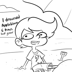 Size: 3300x3300 | Tagged: safe, artist:tjpones, imported from derpibooru, scootaloo, human, beach, black and white, clothes, dialogue, grayscale, high res, humanized, implied apple bloom, monochrome, shirt, sitting, solo, swimming trunks, swimsuit