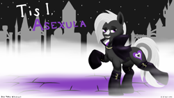 Size: 3556x2000 | Tagged: safe, artist:rockhoppr3, imported from derpibooru, oc, oc only, oc:ace hearts, earth pony, pony, vampire, asexual, asexual pride flag, fog, gothic, high res, pride, pride flag, solo, text