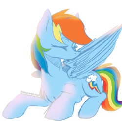 Size: 928x922 | Tagged: safe, artist:iridescentadopt, imported from derpibooru, rainbow dash, pegasus, pony, chest fluff, cute, dashabetes, eyes closed, female, grooming, lying down, mare, preening, prone, simple background, solo, white background, wings