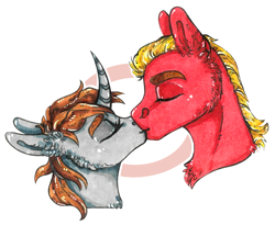 Size: 1313x1078 | Tagged: safe, artist:joakimdit, imported from derpibooru, sprout cloverleaf, oc, oc:littlepip, oc:red eye, earth pony, pony, unicorn, fallout equestria, canon x oc, chest fluff, curved horn, ear fluff, eyebrows, eyes closed, fanfic art, female, g5, hetero littlepip, horn, kissing, littlesprout, male, mare, my little pony: a new generation, shipping, stallion, straight