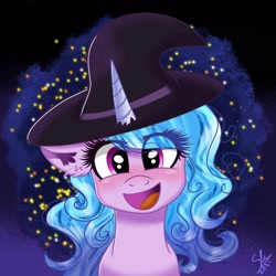 Size: 3000x3000 | Tagged: safe, artist:galaxy swirl, imported from derpibooru, izzy moonbow, pony, unicorn, female, g5, hat, hi new friend, high res, looking at you, mare, my little pony: a new generation, open mouth, smiling, smiling at you, sparkles, witch hat