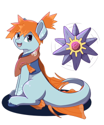 Size: 2735x3282 | Tagged: safe, artist:backgroundpony#f352, imported from derpibooru, merpony, pony, starmie, crossover, duo, eyes open, female, fins, high res, looking at you, mare, misty (pokémon), open mouth, pokémon, ponified, simple background, sitting, towel, transparent background