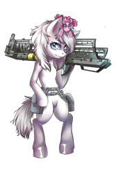 Size: 1000x1500 | Tagged: safe, artist:leastways, imported from derpibooru, pinkie pie, oc, oc:white noise, earth pony, pony, fallout equestria, ammunition, ammunition belt, bipedal, commission, fatman, grenade launcher, pinkie pie plushie, plushie, simple background, transparent background, weapon