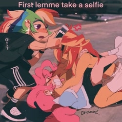 Size: 2048x2048 | Tagged: safe, artist:dreamz, imported from derpibooru, pinkie pie, rainbow dash, sunset shimmer, equestria girls, angry, but first let me take a selfie, catfight, cellphone, chokehold, choking, cross-popping veins, eyes closed, fight, hanging, high res, human coloration, phone, selfie, tongue out