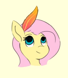 Size: 791x908 | Tagged: safe, artist:flutterfigle, imported from derpibooru, fluttershy, pegasus, pony, a bird in the hoof, bust, feather, feather in hair, implied philomena, simple background, smiling, solo, yellow background