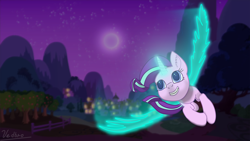Size: 3840x2160 | Tagged: safe, artist:vedbro, imported from derpibooru, starlight glimmer, alicorn, pony, female, flying, glowing, glowing horn, glowing wings, grin, happy, high res, horn, mare, night, ponyville, smiling, solo, spread wings, vector, wings