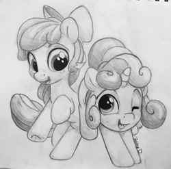 Size: 1280x1265 | Tagged: safe, artist:bobdude0, imported from derpibooru, apple bloom, sweetie belle, earth pony, pony, unicorn, duo, duo female, female, filly, freckles, frog (hoof), one eye closed, open mouth, open smile, smiling, traditional art, underhoof