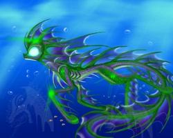 Size: 1200x958 | Tagged: safe, artist:ecitslogard, imported from derpibooru, oc, oc only, hybrid, merpony, pony, bubble, crepuscular rays, dorsal fin, gills, glowing, glowing eyes, solo, sunlight, swimming, tail, underwater, water, watermark