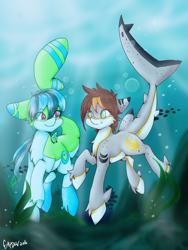 Size: 768x1024 | Tagged: safe, artist:midnightglow20, imported from derpibooru, oc, oc only, merpony, art trade, blue eyes, bubble, crepuscular rays, dorsal fin, fish tail, flowing tail, gills, green eyes, looking at each other, ocean, purple eyes, seaweed, signature, smiling, sunlight, swimming, tail, underwater, unshorn fetlocks, water