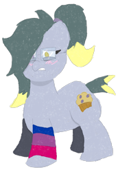 Size: 2689x3907 | Tagged: safe, artist:marble muffin, imported from derpibooru, oc, oc only, oc:marble muffin, earth pony, pony, bisexual pride flag, blushing, earth pony oc, embarrassed, female, food, glasses, gritted teeth, hair over one eye, heterochromia, high res, lidded eyes, mare, muffin, no pupils, ponytail, pride, pride flag, simple background, sock, solo, transparent background