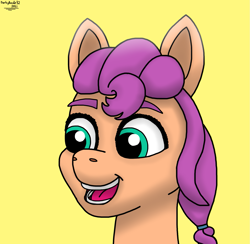 Size: 1563x1524 | Tagged: safe, artist:darkyboode32, imported from derpibooru, sunny starscout, earth pony, pony, spoiler:my little pony: a new generation, bust, cute, female, g5, happy, mare, my little pony: a new generation, open mouth, simple background, smiling, solo, sunnybetes, yellow background