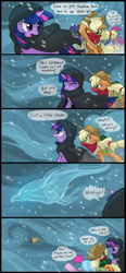 Size: 3319x7165 | Tagged: safe, artist:marbo, applejack, pinkie pie, twilight sparkle, earth pony, pony, unicorn, windigo, applejack's hat, bandana, blizzard, cloak, clothes, comic, cowboy hat, dialogue, female, hat, mare, snow, snowfall, speech bubble