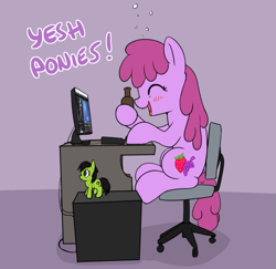 Size: 1033x1004 | Tagged: safe, artist:anonymous, berry punch, berryshine, oc, oc:filly anon, earth pony, pony, alcohol, blushing, computer, eyes closed, female, filly, mlp anniversary, office chair, open mouth, simple background, smiling