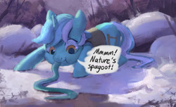 Size: 2358x1429 | Tagged: safe, artist:rhorse, edit, lyra heartstrings, pony, snake, unicorn, clothes, dialogue, eating, female, mare, painting, snow, solo, spagoots, speech bubble