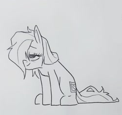 Size: 1942x1826 | Tagged: safe, artist:anonymous, oc, oc only, earth pony, pony, hair over one eye, monochrome, simple background, smiling, tired