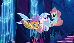 Size: 2006x1160 | Tagged: safe, artist:uotapo, imported from ponybooru, ocellus, silverstream, smolder, changedling, changeling, fish, puffer fish, sea pony, seapony (g4), female, lesbian, looking at each other, looking at you, ocean, open mouth, open smile, seaquestria, shipping, smiling, smiling at each other, smiling at you, smolcellus, smolderpuffs, swimming, trio, underwater, water