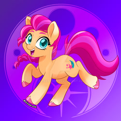 Size: 1280x1280 | Tagged: safe, artist:alinabr00k, imported from derpibooru, sunny starscout, earth pony, pony, spoiler:my little pony: a new generation, abstract background, braid, colored hooves, cute, deviantart watermark, eyebrows, female, g5, looking at you, mare, my little pony: a new generation, obtrusive watermark, open mouth, open smile, raised hoof, signature, smiling, solo, sunnybetes, unshorn fetlocks, watermark