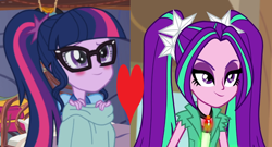 Size: 986x534 | Tagged: safe, imported from derpibooru, aria blaze, sci-twi, twilight sparkle, equestria girls, legend of everfree, rainbow rocks, blushing, female, glasses, heart, lesbian, shipping, shipping domino, sparkleblaze