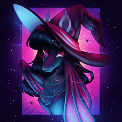 Size: 1280x1280 | Tagged: safe, artist:sadelinav, imported from derpibooru, oc, oc only, bat pony, pony, spider, bat pony oc, chest fluff, hat, solo, spider web, witch hat