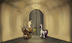 Size: 2089x1264 | Tagged: safe, artist:mixdaponies, imported from derpibooru, rarity, griffon, unicorn, big door, fanfic art, friendship is tragic (obabscribbler), griffin (character), hallway