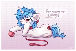 Size: 3340x2223 | Tagged: safe, artist:konejo, imported from derpibooru, oc, oc only, oc:clairvoyance, pony, unicorn, ball, blackletter, collar, dialogue, female, high res, leash, pet play, pony pet, solo