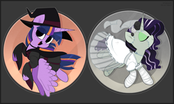 Size: 4167x2500 | Tagged: safe, artist:syrupyyy, imported from derpibooru, rarity, twilight sparkle, alicorn, unicorn, clothes, costume, eyes closed, female, frankenstein's monster, halloween, halloween 2021, halloween costume, hat, holiday, open mouth, twilight sparkle (alicorn), witch costume, witch hat