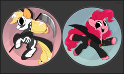 Size: 4167x2500 | Tagged: safe, artist:syrupyyy, imported from derpibooru, applejack, pinkie pie, earth pony, pony, undead, vampire, clothes, costume, grim reaper, halloween, halloween costume, holiday, scythe