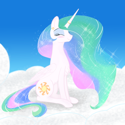 Size: 2000x2000 | Tagged: safe, artist:enonnnymous, imported from derpibooru, princess celestia, alicorn, pony, blue eyeshadow, blushing, chest fluff, cloud, cute, cutelestia, cutie mark accessory, cutie mark earrings, ear piercing, earring, eyebrows, eyebrows visible through hair, eyes closed, eyeshadow, female, happy, high res, horn, horn ring, jewelry, makeup, mare, on a cloud, piercing, ring, sitting, sitting on a cloud, smiling, solo, waifu, wedding ring