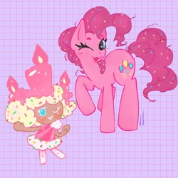 Size: 640x640 | Tagged: safe, artist:blackcatcookie, imported from derpibooru, pinkie pie, earth pony, pony, birthday cake cookie, candy, candy in hair, cookie, cookie run, crossover, fanart, female, food, friendship, g4, grid, mare, one eye closed, similarities, sprinkles, wink