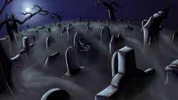 Size: 4427x2489 | Tagged: safe, artist:mixdaponies, imported from derpibooru, coloratura, pony, fanfic art, fog, full moon, ghosts in the graveyard, gravestone, graveyard, moon, night, solo, spawn, tree