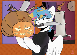 Size: 1200x853 | Tagged: safe, artist:dommert, imported from derpibooru, pegasus, pony, awsten knight, bust, clothes, commission, dyed mane, eyes closed, fangs, halloween, holiday, hoof hold, jack-o-lantern, knife, male, mouth hold, ponified, pumpkin, shirt, solo, stallion, t-shirt, wings, ych result