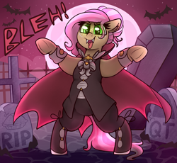 Size: 2545x2341 | Tagged: safe, artist:graphene, imported from derpibooru, oc, oc only, oc:claire, bat, pony, undead, vampire, bipedal, chubby, clothes, coffin, eye clipping through hair, fangs, female, gravestone, graveyard, halloween, high res, holiday, mare, not fluttershy, open mouth, solo, tongue out, underhoof