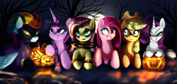 Size: 3766x1800 | Tagged: safe, artist:darksly, imported from derpibooru, applejack, fluttershy, pinkie pie, rainbow dash, rarity, twilight sparkle, alicorn, earth pony, pegasus, pony, unicorn, apple, braid, chains, clothes, costume, creepypasta, food, halloween, halloween 2021, halloween costume, holiday, jack-o-lantern, mane six, moon, night, pumpkin, shadowbolt dash, shadowbolts costume, sharp teeth, teeth, tree, twilight sparkle (alicorn)