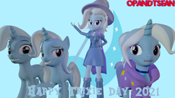 Size: 3840x2160 | Tagged: safe, artist:optimussparkle, imported from derpibooru, trixie, pony, unicorn, equestria girls, 3d, alternate hairstyle, babysitter trixie, blue background, cape, clothes, female, hat, high res, hoodie, multeity, older, older trixie, self ponidox, simple background, source filmmaker, trixie army, trixie day