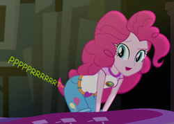 Size: 960x688 | Tagged: safe, artist:thedarkpony, edit, edited screencap, imported from derpibooru, screencap, pinkie pie, equestria girls, legend of everfree, camp everfree outfits, clothes, cropped, fart, fart edit, fart noise, female, onomatopoeia, shorts, sound effects, stinkie pie