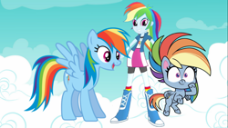 Size: 1366x768 | Tagged: safe, imported from derpibooru, rainbow dash, pegasus, pony, equestria girls, my little pony: pony life, cloud, female, g4.5, self paradox, self ponidox, trio, trio female