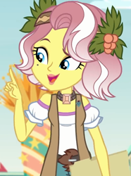 Size: 800x1075 | Tagged: safe, imported from derpibooru, screencap, vignette valencia, equestria girls, equestria girls series, rollercoaster of friendship, beauty mark, choker, clothes, cropped, female, flower, flower in hair, folder, holly, open mouth, vest