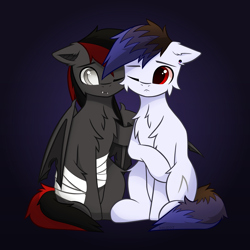 Size: 4096x4096 | Tagged: safe, artist:keupoz, imported from derpibooru, oc, oc only, oc:keupoz, oc:shadow sky, bat pony, earth pony, abstract background, bandage, bat pony oc, bat wings, bisexual pride flag, cheek to cheek, commission, cutie mark, ear piercing, earring, earth pony oc, hug, jewelry, male, one eye closed, piercing, pride, pride flag, sitting, wings