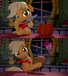 Size: 1920x2160 | Tagged: safe, artist:owlpirate, imported from derpibooru, applejack, pinkie pie, earth pony, pony, 2 panel comic, 3d, comic, cooking show, cute, duo, female, food, halloween, holiday, jackabetes, knife, looking at you, mare, mouth hold, night, pie, pumpkin, source filmmaker