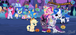 Size: 7668x3546 | Tagged: safe, artist:sunlightshimmer64, edit, imported from derpibooru, vector edit, applejack, nightmare moon, pinkie pie, princess cadance, princess luna, princess platinum, rainbow dash, rarity, twilight sparkle, oc, oc:dark sparkle, oc:flower shy, oc:melody, oc:sky sentry, oc:sunlight shimmer, oc:sweet candy, earth pony, pegasus, pony, unicorn, applejack's hat, base used, candy, cape, clothes, colt, costume, cowboy hat, crown, eating, facehoof, fake wings, female, filly, food, happy halloween, hat, jewelry, male, mare, midnight sparkle, next generation, nightmare night costume, offspring, parent:big macintosh, parent:flash sentry, parent:fluttershy, parent:hoity toity, parent:king sombra, parent:party favor, parent:pinkie pie, parent:rarity, parent:sunset shimmer, parent:twilight sparkle, parents:flashimmer, parents:fluttermac, parents:partypie, parents:raritoity, parents:twibra, regalia, uniform, vector, watermark, wig, wonderbolts uniform